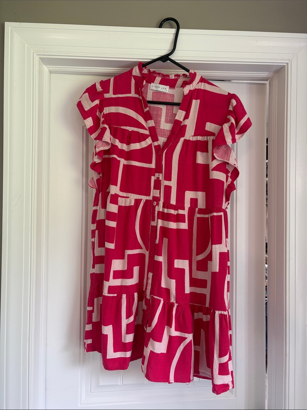 Geometric Print Ruffle-Sleeve Dress in Bright Pink